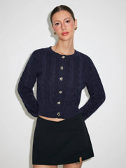 Cable Knit Round Neckline Metal Detail Cardigan