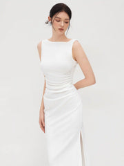 Boat Neck Solid Ruched Split Maxi Dress