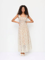 Lace Floral Square Neck Corset Flared Maxi Dress