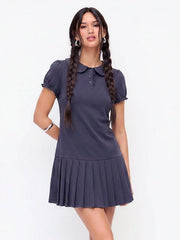 Cotton-blend Polo Peter Pan Collar Puff Sleeve Ruffled Pleated Shirt Mini Dress