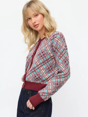 Knit Jacquard Checks Contrasting Binding Cardigan