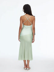 Satin Cowl Neck Ruched Criss Cross Mermaid Maxi Dress