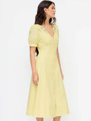 Cotton-blend Floral Graphic V-neck Lantern Sleeve Embroidery Midi Shirt Dress