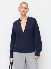 Cable Knit Textured V-neck Long Sleeve Top