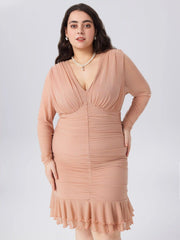 V Neck Ruched Ruffle Mini Dress Curve & Plus