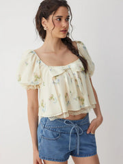 Chiffon Floral Bowknot Square Neck Puff Sleeve Oversized Crop Blouse