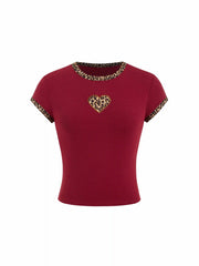Cotton-blend Leopard Heart Applique Short Sleeve Tee