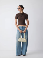 Textured Stand Collar Short Sleeve Twist Front Tee