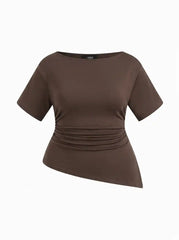 Cotton-blend Round Neckline Asymmetrical Split Ruched Tee Curve & Plus