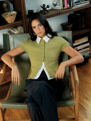 Knit Round Neckline Button Short Sleeve Top
