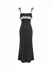 Ditsy Floral Lace Panel Ruffled Sleeve Mermaid Maxi Dress