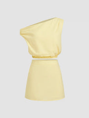 Linen-blend Asymmetrical Neck Elastic Waist Crop Top With Mini Skirt