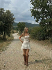 Low Rise Lace Floral Layered Ruffle Hem Mini Skirt