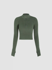 Solid Zipper Up Knitted Crop Top