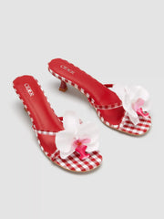 FLOWER & GINGHAM KITTEN HEEL FAUX LEATHER SANDALS