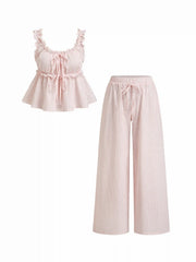 Cotton-blend Stripe Drawstring Ruffle Hem Tank Top & Low Rise Drawstring Trousers Loungewear Set