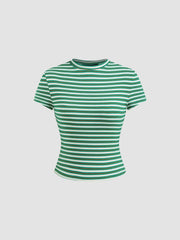 Round Neckline Stripe Short Sleeve Tee