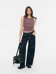 Cotton-blend Plaid Knotted Ruched Top