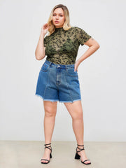 Mesh Round Neckline Floral Lettuce Trim See-through Bodysuit Curve & Plus