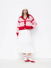 Knit Crochet V-neck Two Tone Oversized Cardigan