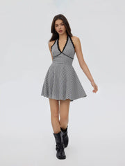 Halter Neckline Checks Lace Trim Tie Back Mini Dress