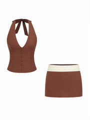 Linen-blend Halter Neck Button Front Top & Mid Rise Colorblock A-line Mini Skirt Set