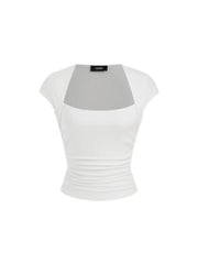 Cotton-blend Square Neck Ruched Short Sleeve Tee