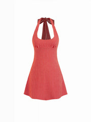 Cotton-Blend Striped Halter Neckline Backless A-Line Mini Dress