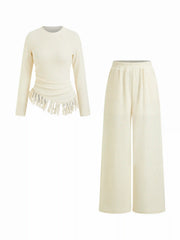 Fringe Hem Ruched Top & Mid Rise Pants Set