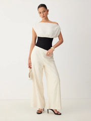Linen-blend Asymmetrical Neck Color-Blocking Sleeveless Bodysuit
