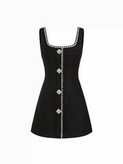 Tweed U-neckline Rhinestone Button A-line Mini Dress