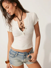Linen-blend Henley Neck Short Sleeve Top