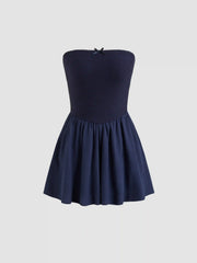 Cotton Texture Bandeau Bowknot Ruffle Hem Romper