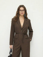 Collar Long Sleeve Wide Leg Oversized Jumpsuit With Belt