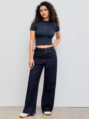 Round Neckline Pepper Embroidery Contrasting Binding Short Sleeve Tee