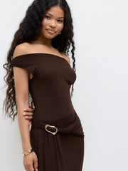 Mesh Asymmetrical Neck Ruched Draped Maxi Dress
