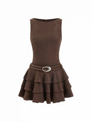 Round Neckline Layered Hem Mini Dress With Studded Belt