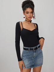 V-neck Solid Bodysuit With Long Sleeve Shrug