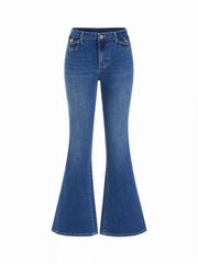 Washed Denim High Rise Metal Detail Flared Trousers