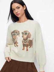 Knit Wool-blend Dog Graphic Long Sleeve Oversized Sweater