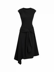 Round Neck Belted Asymmetrical Hem Midi Dress