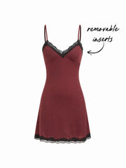 V-neck Polka Dot Lace Trim Mini Nightdress With Removable Padding