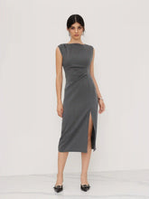 Boat Neck Ruched Split Maxi Dress