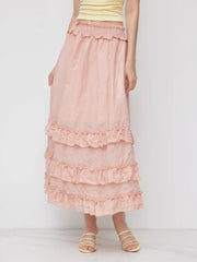 Cotton-blend Mid Rise Ruffle Lettuce Trim Maxi Skirt