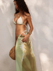 High Stretch Floral Triangle Top & Mid Rise Bikini & Sheer Floral Skirt 3 Piece Bikini Set