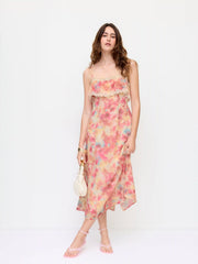 Chiffon Abstract Lace Trim Square Neck A-line Maxi dress