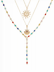SUN & RHINESTONE DECOR BEADED LAYERED NECKLACE
