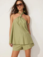 Linen-blend Halter Neck Twist Knotted Oversized Top & Mid Rise Shorts Set