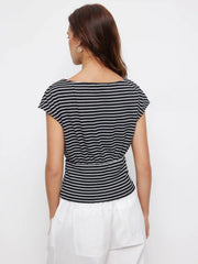 Cotton-blend Boat Neck Striped Metal Detail Short Sleeve Top