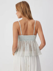 Chiffon V-neck Button Front Lace Panel Crop Cami Blouse